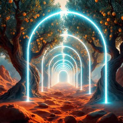 The primary subject of the image is a tree with a tunnel of light shining through it. The setting is a desert-like environment, with a rocky surface visible in the background. The visual style is a digital art or illustration, creating a surreal and captivating atmosphere. The dominant colors are red and blue, with the red light illuminating the tunnel and the blue light creating a contrasting effect.